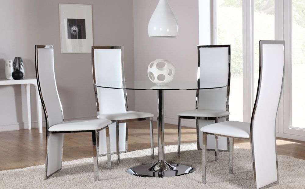 Most Recent Orbit & Celeste Round Glass & Chrome Dining Room Table And 4 Chairs Inside Chrome Dining Room Sets (Gallery 1 of 20)