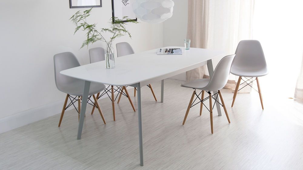 Most Up To Date Aver Grey & White Extending Dining Table And Eames Chairs In White Dining Tables And Chairs (View 1 of 20)