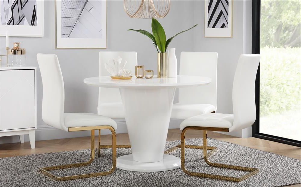 Popular Paris Round White High Gloss Dining Table With 4 Perth White Chairs Throughout Round High Gloss Dining Tables (View 18 of 20)