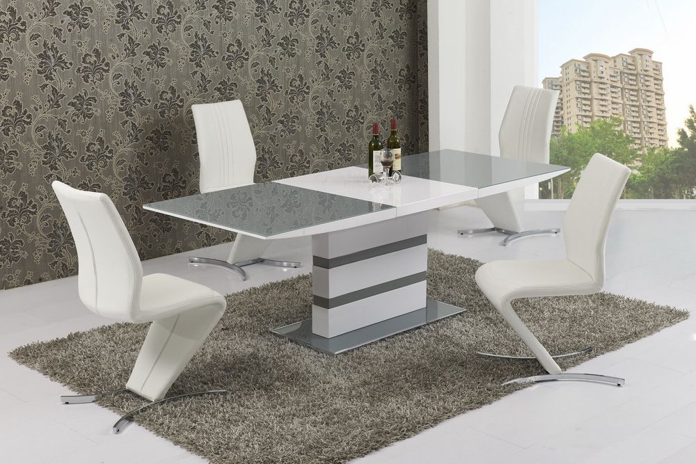 Recent Small Extending 6 Seater Gloss Grey Glass Dining Table & Chairs Intended For White Gloss Extending Dining Tables (View 18 of 20)
