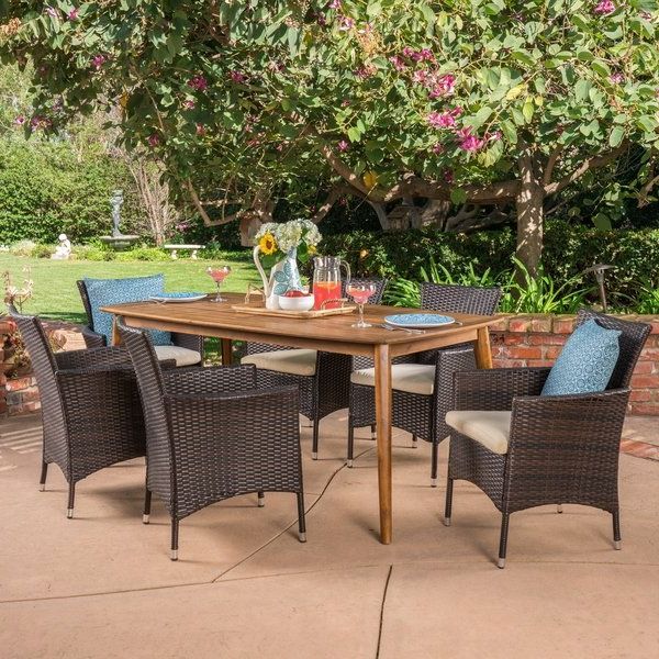 Shop Jaxon Outdoor 7 Piece Multibrown Pe Wicker Dining Set With Pertaining To Newest Jaxon 6 Piece Rectangle Dining Sets With Bench & Wood Chairs (View 6 of 20)