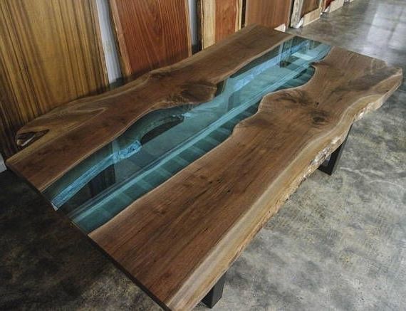 Trendy Blue Glass Dining Tables Inside Bookmatched Walnut With Blue Glass River Live Edge Dining Table Item (Gallery 10 of 20)