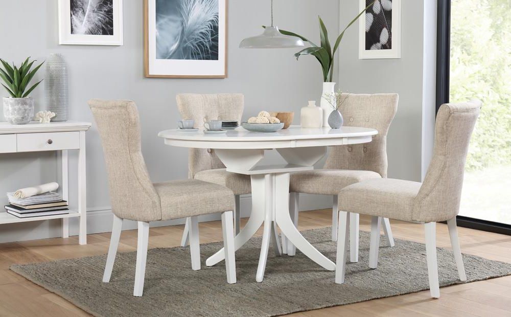 Trendy Round White Dining Tables For Hudson Round White Extending Dining Table With 4 Bewley Oatmeal (View 1 of 20)