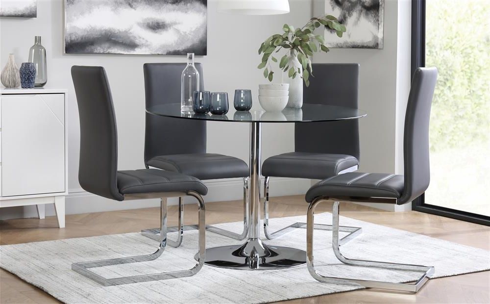 Well Known Chrome Dining Tables And Chairs Inside Orbit Round Glass & Chrome Dining Table – With 4 Perth Grey Chairs (View 12 of 20)