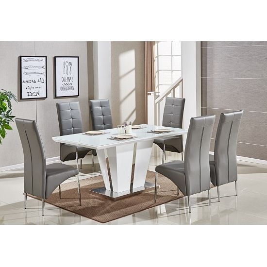 Well Known Memphis Glass Dining Table In White Gloss With 6 Grey With Regard To Grey Glass Dining Tables (View 16 of 20)