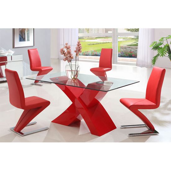 X Glass Dining Table In Red High Gloss Base And 6 Z Chairs In Best And Newest Red Gloss Dining Tables (Gallery 1 of 20)
