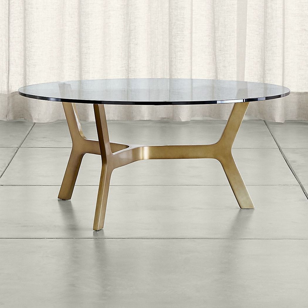 Elke Round Glass Coffee Table With Brass Base | Family Room With Regard To Elke Glass Console Tables With Brass Base (View 7 of 20)