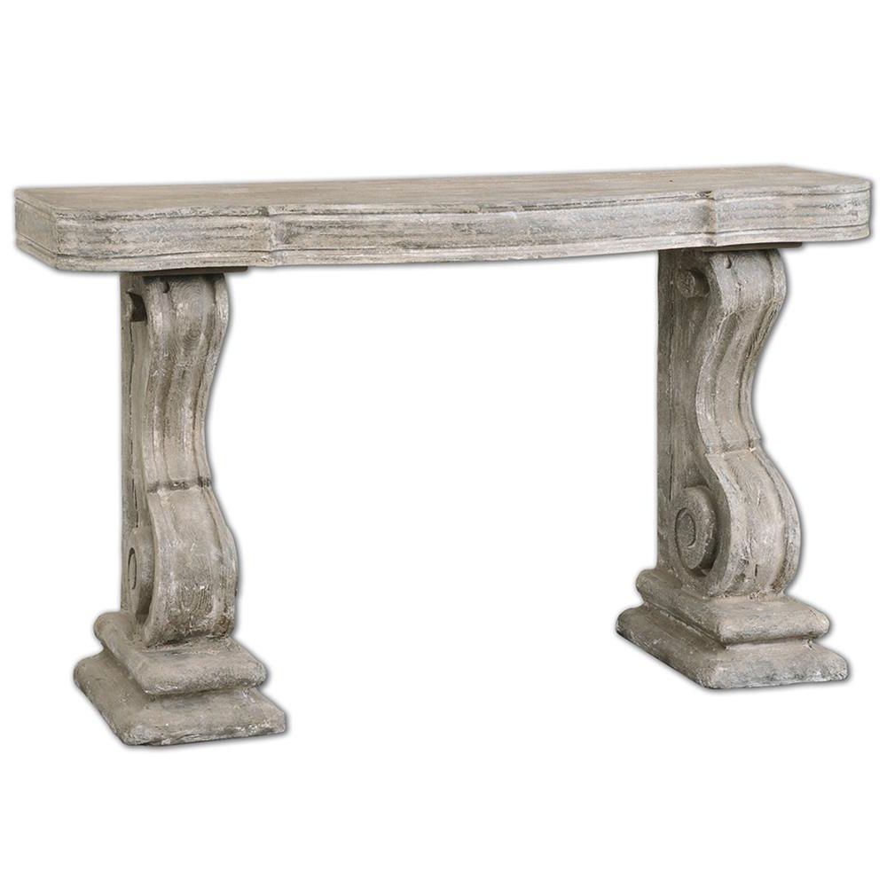 Lisette French Country Antique Grey Stone Carved Console Table Pertaining To Antique White Distressed Console Tables (Gallery 20 of 20)