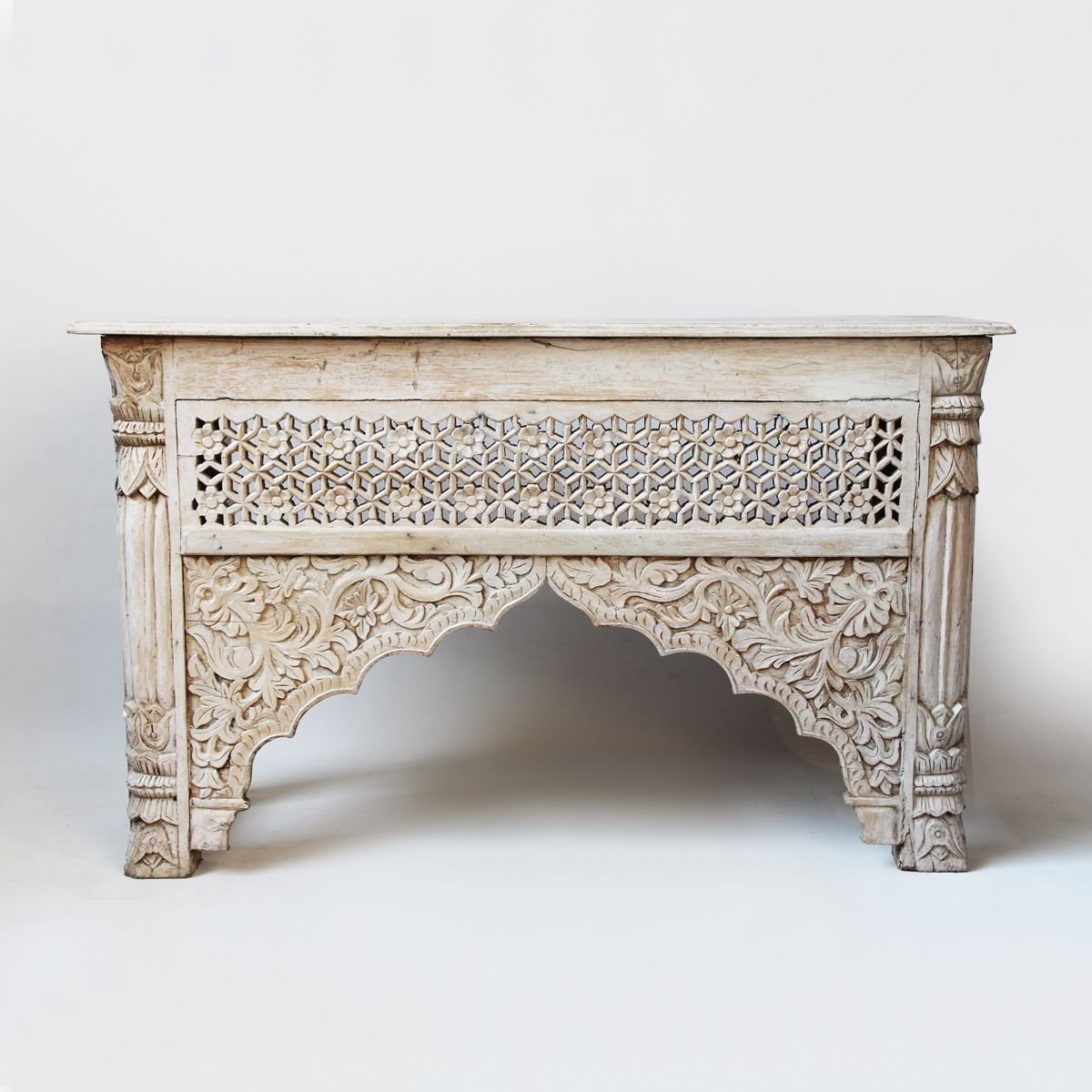 White Wash Carved Wood Architectural Console Table. | Colonial Throughout Hand Carved White Wash Console Tables (Gallery 1 of 20)