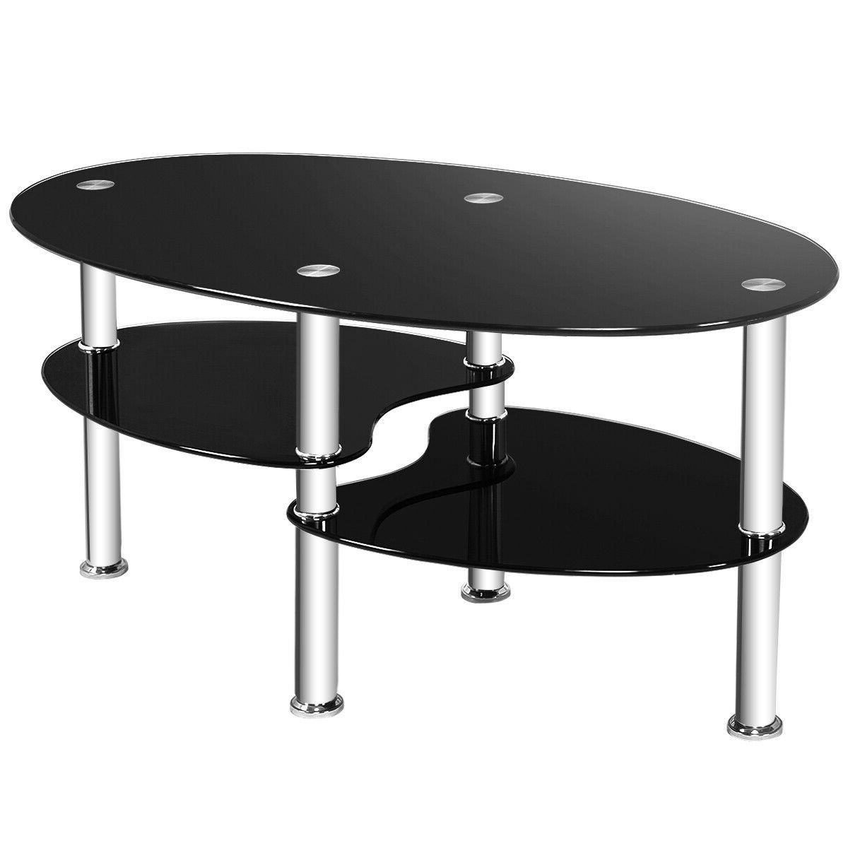 2019 Glossy White Hollow Core Tempered Glass Cocktail Tables For Costway Tempered Glass Oval Side Coffee Table Shelf Chrome Base Living Room  Black (View 16 of 20)