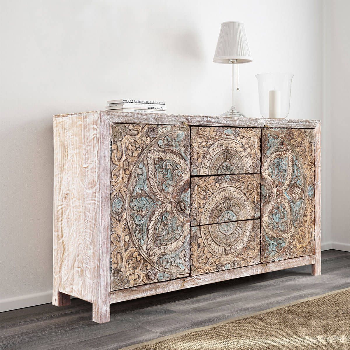 Avenal Floral Mandalas Solid Wood Hand Carved Accent Buffet Cabinet Pertaining To Avenal Sideboards (View 6 of 20)
