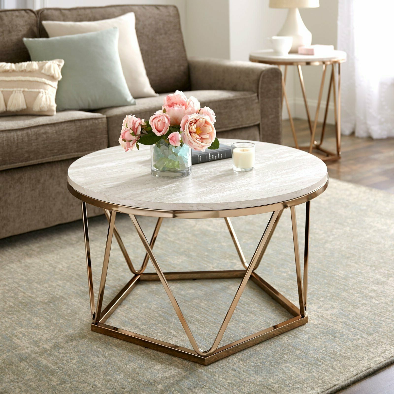 Details About Silver Orchid Henderson Faux Stone Goldtone Round Coffee Table In Well Known Silver Orchid Ipsen Contemporary Glass Top Coffee Tables (View 14 of 20)