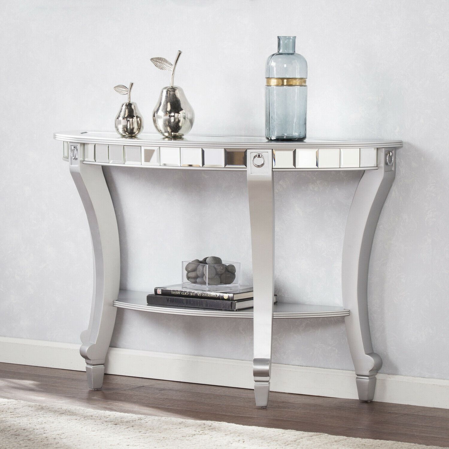 Olivia Glam Mirrored Demilune Console Table – Matte Silver Throughout 2020 Silver Orchid Olivia Glam Mirrored Round Cocktail Tables (View 5 of 20)
