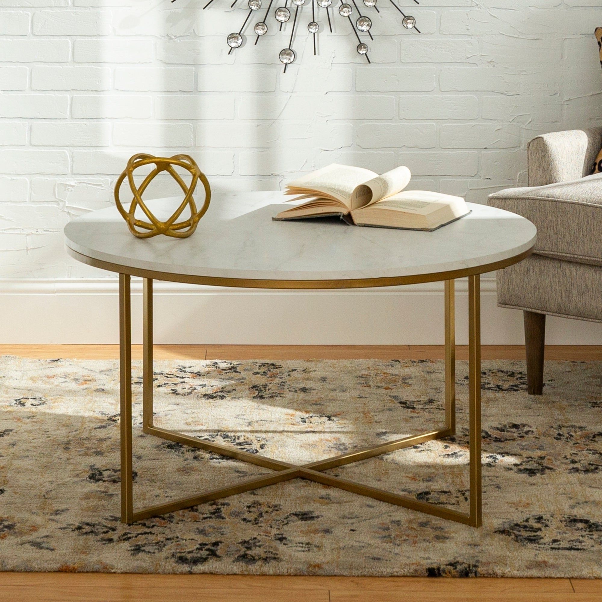 Silver Orchid Helbling 36 Inch Round Coffee Table, Gold Metal X Base, For  Living Room – 36 X 36 X 19h Throughout Current Silver Orchid Price Glass Coffee Tables (View 12 of 20)