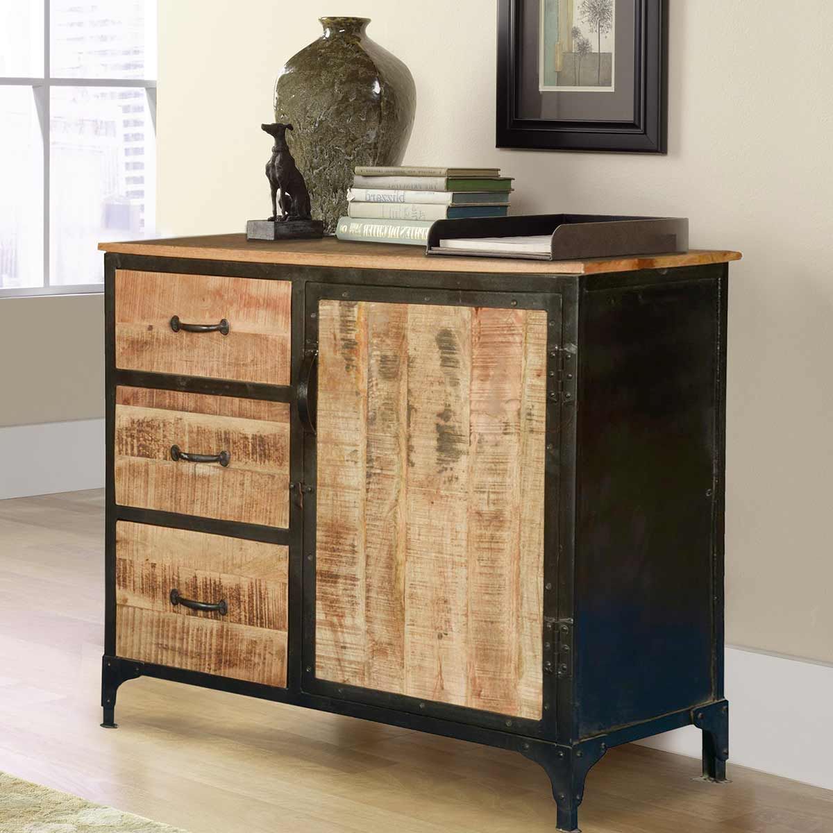 Bowbells Rustic Mango Wood 3 Drawer Industrial Sideboard Cabinet Regarding Industrial Style 3 Drawer Buffets (View 1 of 20)