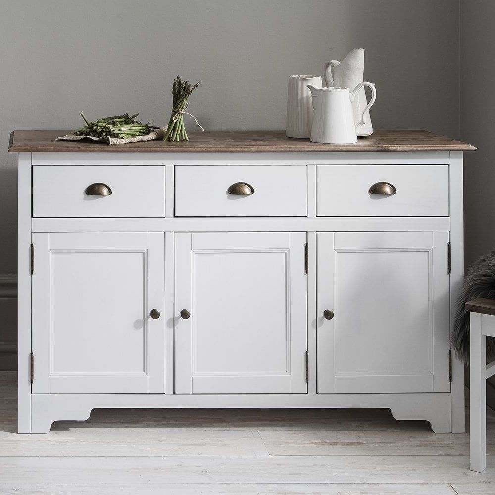 Canterbury 3 Drawer Sideboard Cabinet With Solid Doors In White And Dark  Pine Pertaining To White And Grey Sideboards (View 5 of 20)