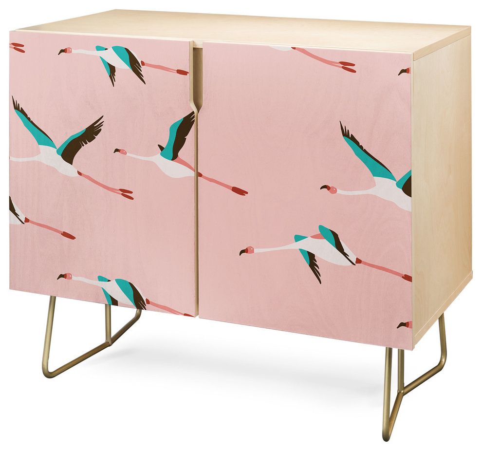 Deny Designs Flamingo Pink Credenza, Birch, Gold Steel Legs Intended For Pink And Navy Peaks Credenzas (View 6 of 20)