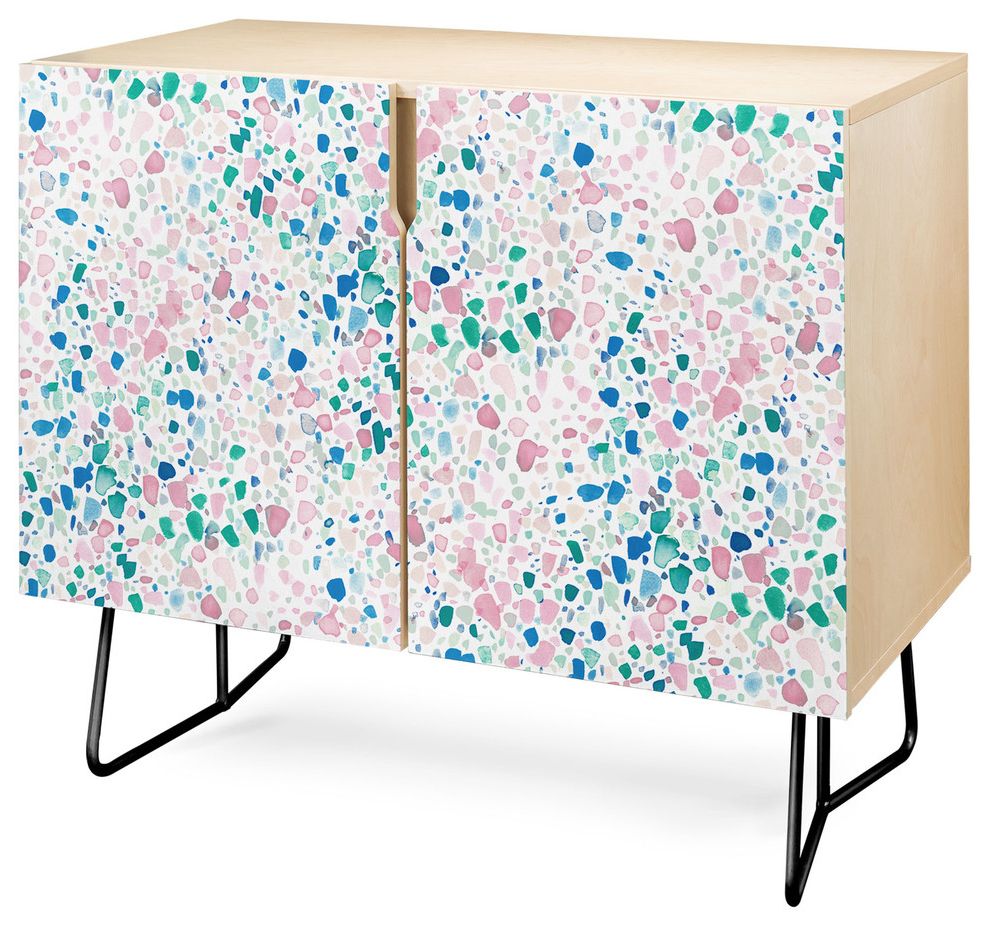 Deny Designs Magic Terrazzo Pink Credenza, Birch, Black Steel Legs Throughout Pink And Navy Peaks Credenzas (View 10 of 20)