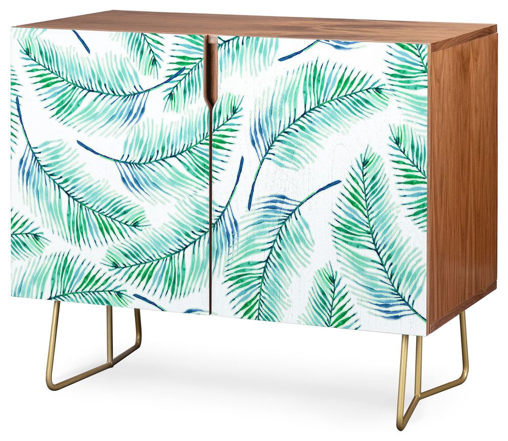 Deny Designs Palms Watercolor Credenza, Walnut, Gold Steel Legs With Regard To Pink And Navy Peaks Credenzas (View 14 of 20)