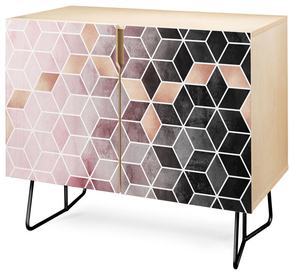 Deny Designs Pink Grey Gradient Cubes Credenza, Birch, Black Steel Legs Pertaining To Pale Pink Bulbs Credenzas (View 14 of 20)