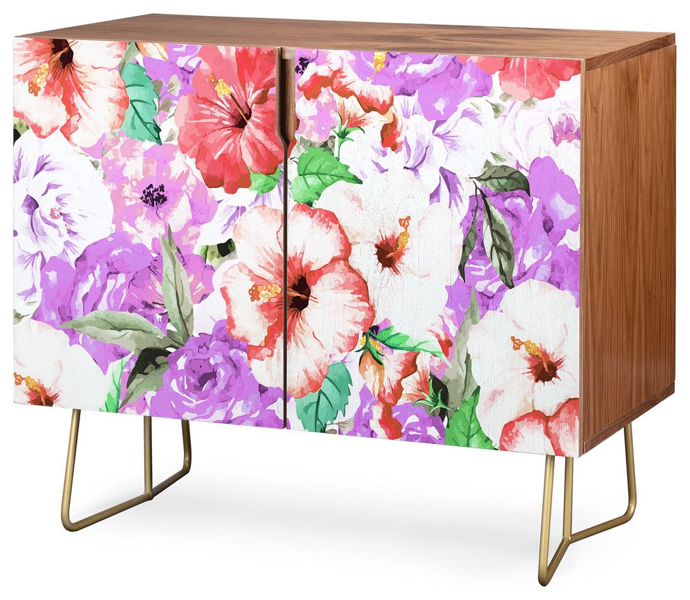 Deny Designs Purple Floral Credenza, Walnut, Gold Steel Legs Pertaining To Lovely Floral Credenzas (View 6 of 20)