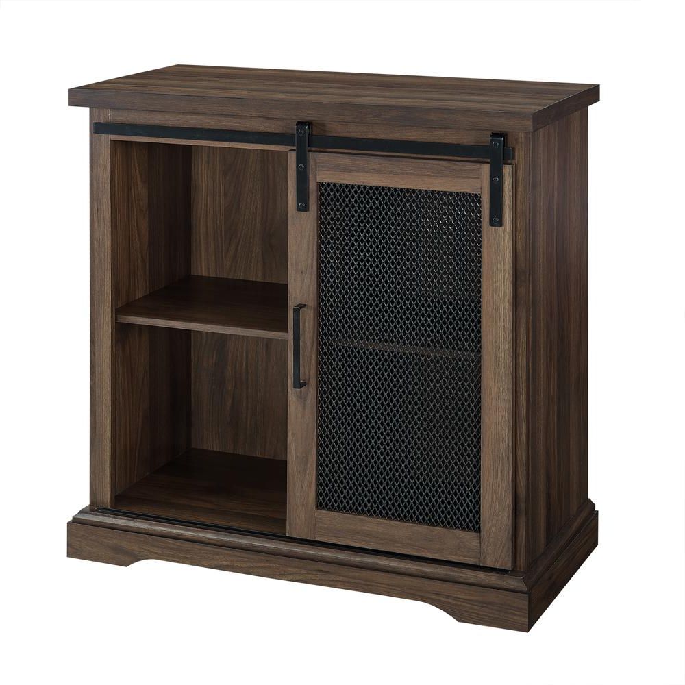 Details About 32" Farmhouse Wood Buffet Cabinet With Metal Mesh Sliding  Door – Dark Walnut For Vintage Walnut Sliding Door Buffets (View 7 of 20)