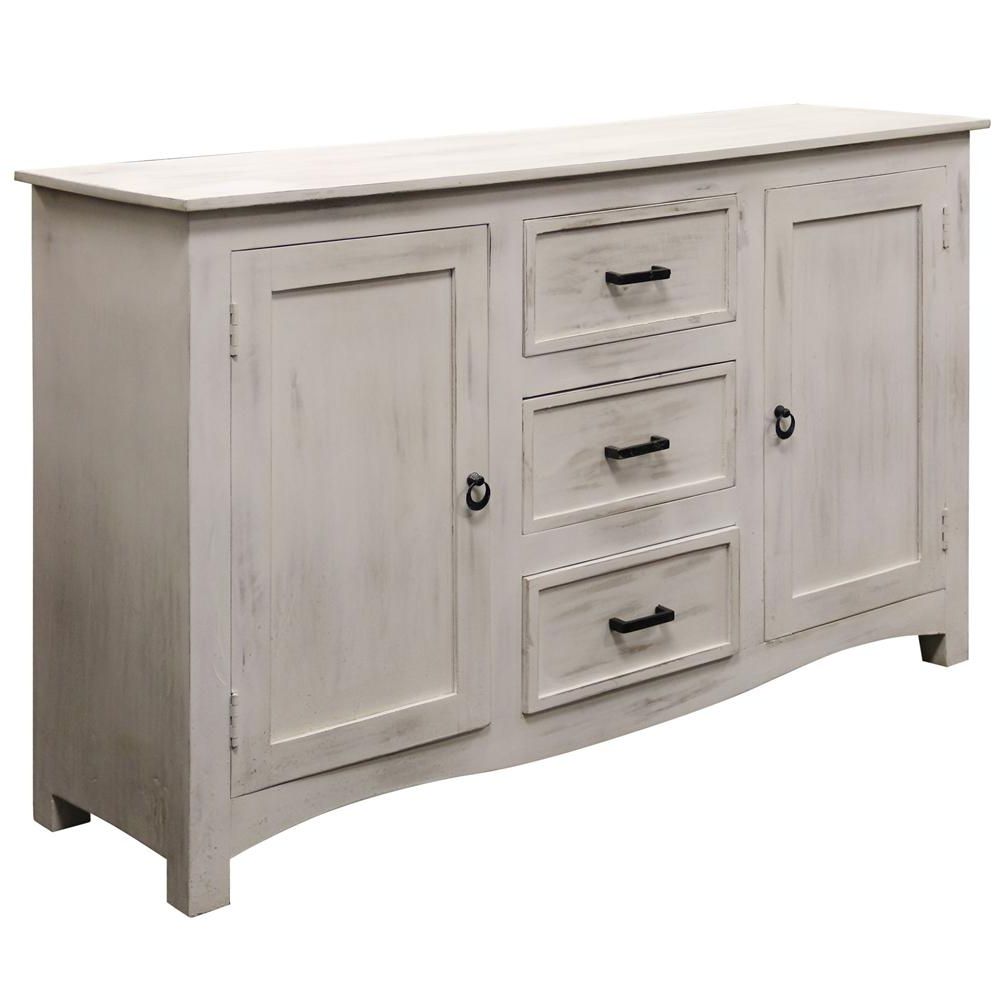 Distressed White Wash With Black Iron Hardware 2 Door And 3 Drawer Sideboard Throughout Contemporary Style Wooden Buffets With Two Side Door Storage Cabinets (View 16 of 20)