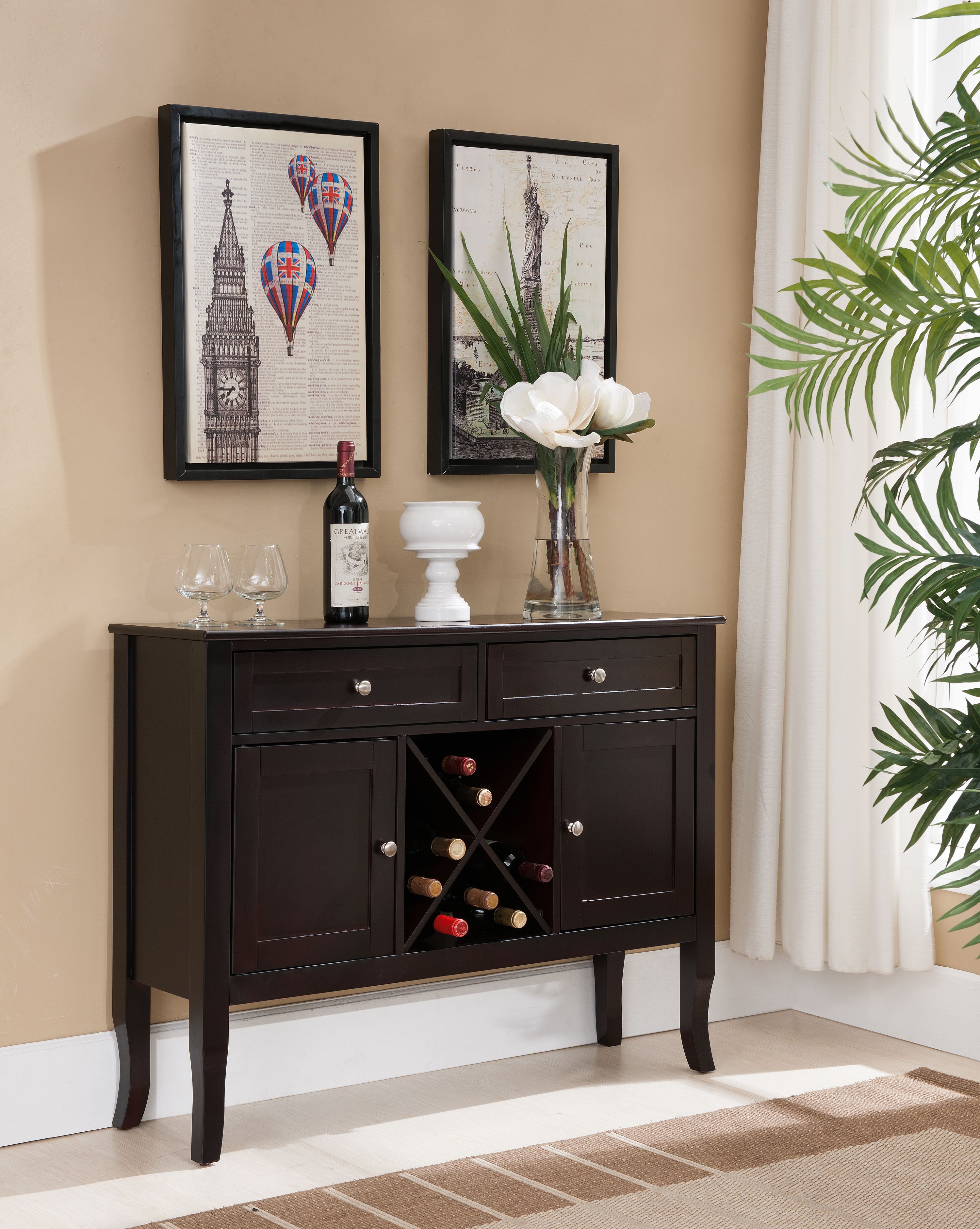 Eric Dark Cherry Wood Contemporary Wine Rack Buffet Display Console Table  With Storage Drawers & Cabinet Doors – Walmart In Buffets With Cherry Finish (View 18 of 20)