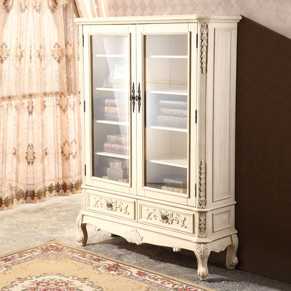 Farmhouse Freestanding Storage China Cabinet Double Glass Doors Carved  Wooden Curio Cabinet Antique White Drawer Included Intended For Wooden Curio Buffets With Two Glass Doors (View 14 of 20)