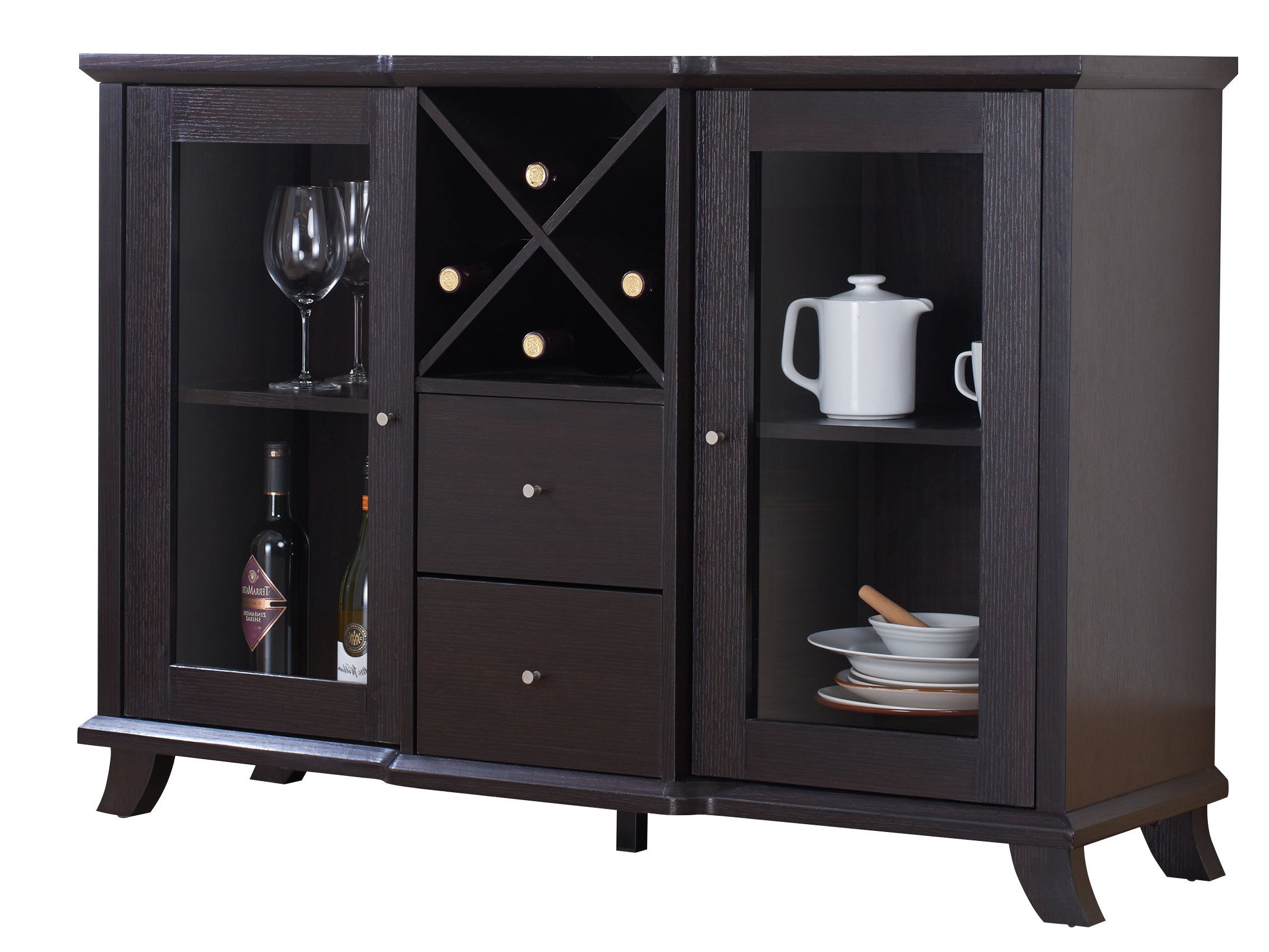 Farmhouse & Rustic Wine Bottle Storage Equipped Sideboards For Wooden Buffets With Two Side Door Storage Cabinets And Stemware Rack (Gallery 16 of 20)