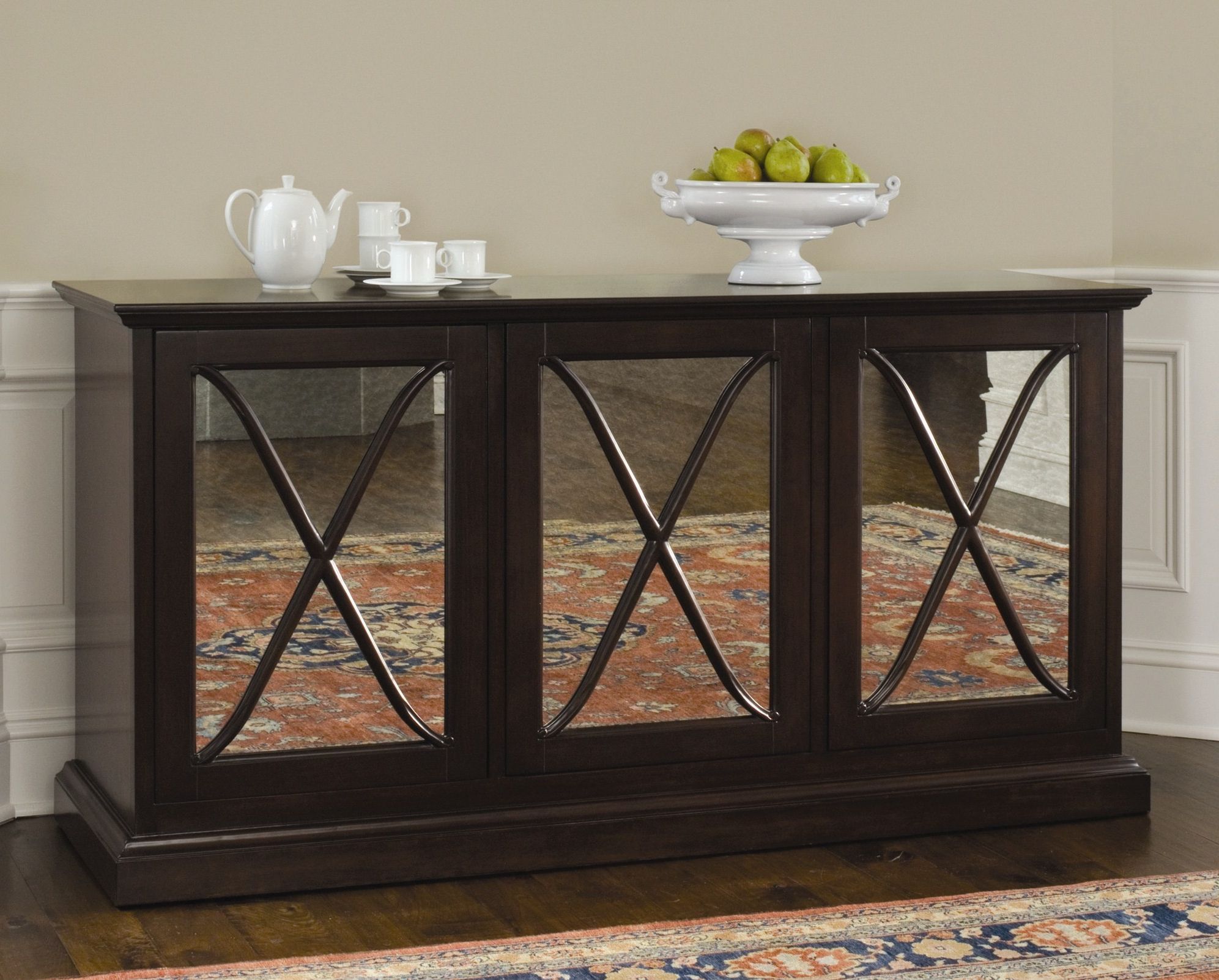 Furniture: New Modern Style Mirrored Buffet Table For Home Throughout Modern And Contemporary Dark Brown Buffets With Glass Doors (View 16 of 20)