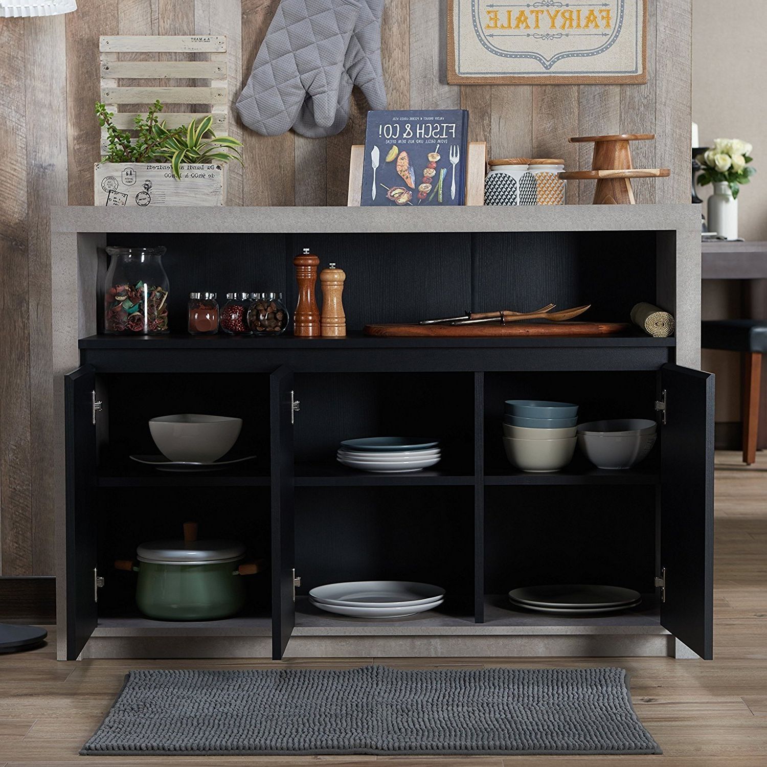 Furniture Of America Lamont Industrial Cement Like Multi Storage Dining  Buffet Black Black Finish Intended For Industrial Cement Like Buffets (View 11 of 20)
