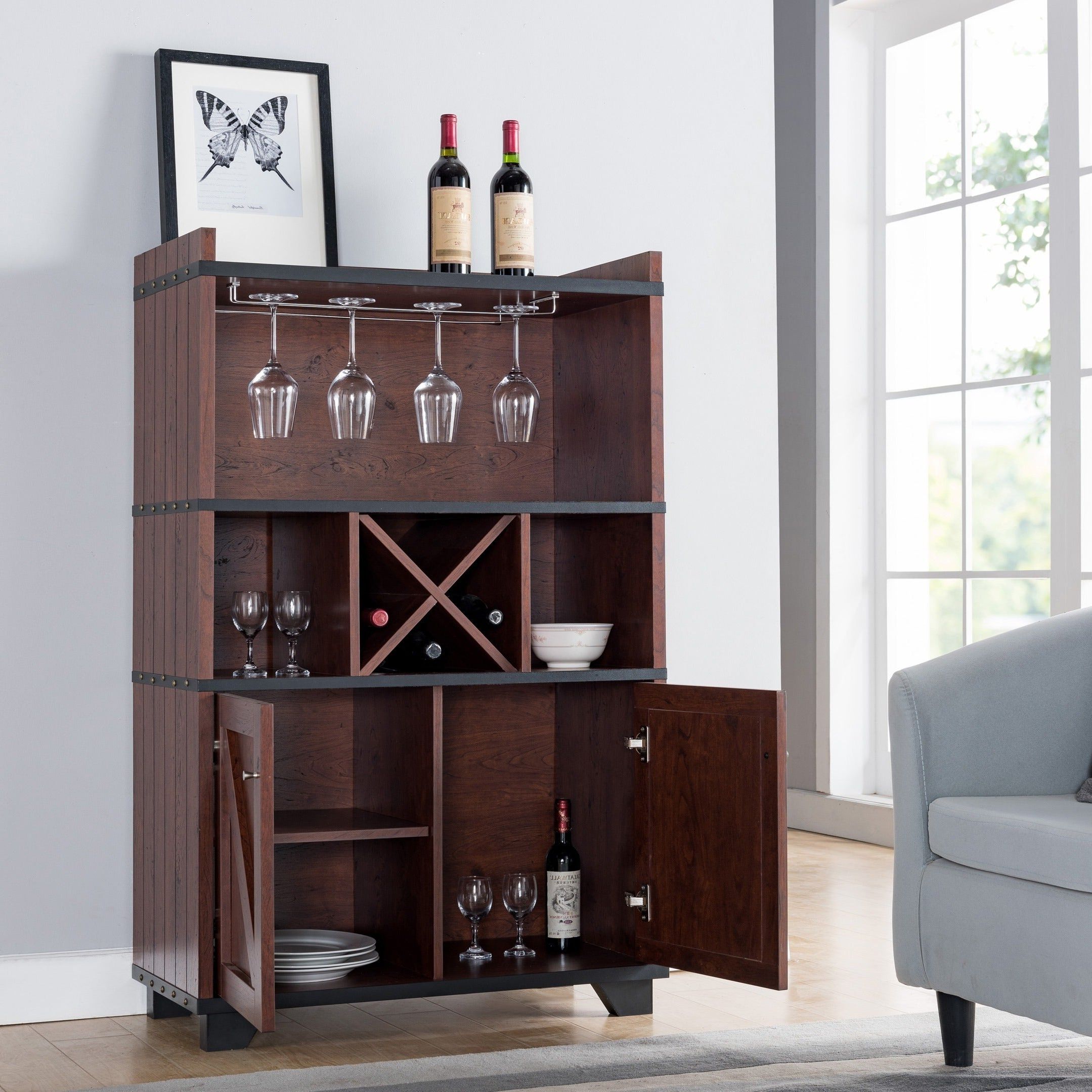 Furniture Of America Wesleyan Rustic Farmhouse Wine Cabinet Buffet Intended For Wooden Buffets With Two Side Door Storage Cabinets And Stemware Rack (View 3 of 20)