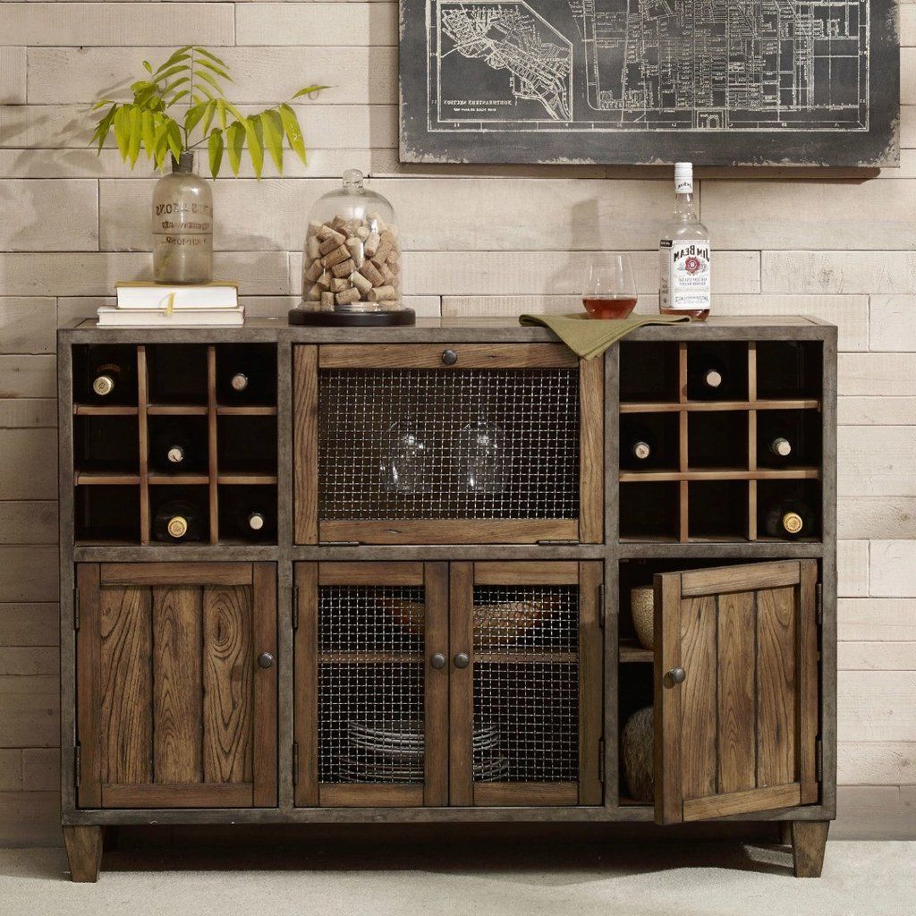 Industrial Rustic Liquor Storage Wine Rack Wood Buffet Regarding Wooden Buffets With Two Side Door Storage Cabinets And Stemware Rack (View 4 of 20)