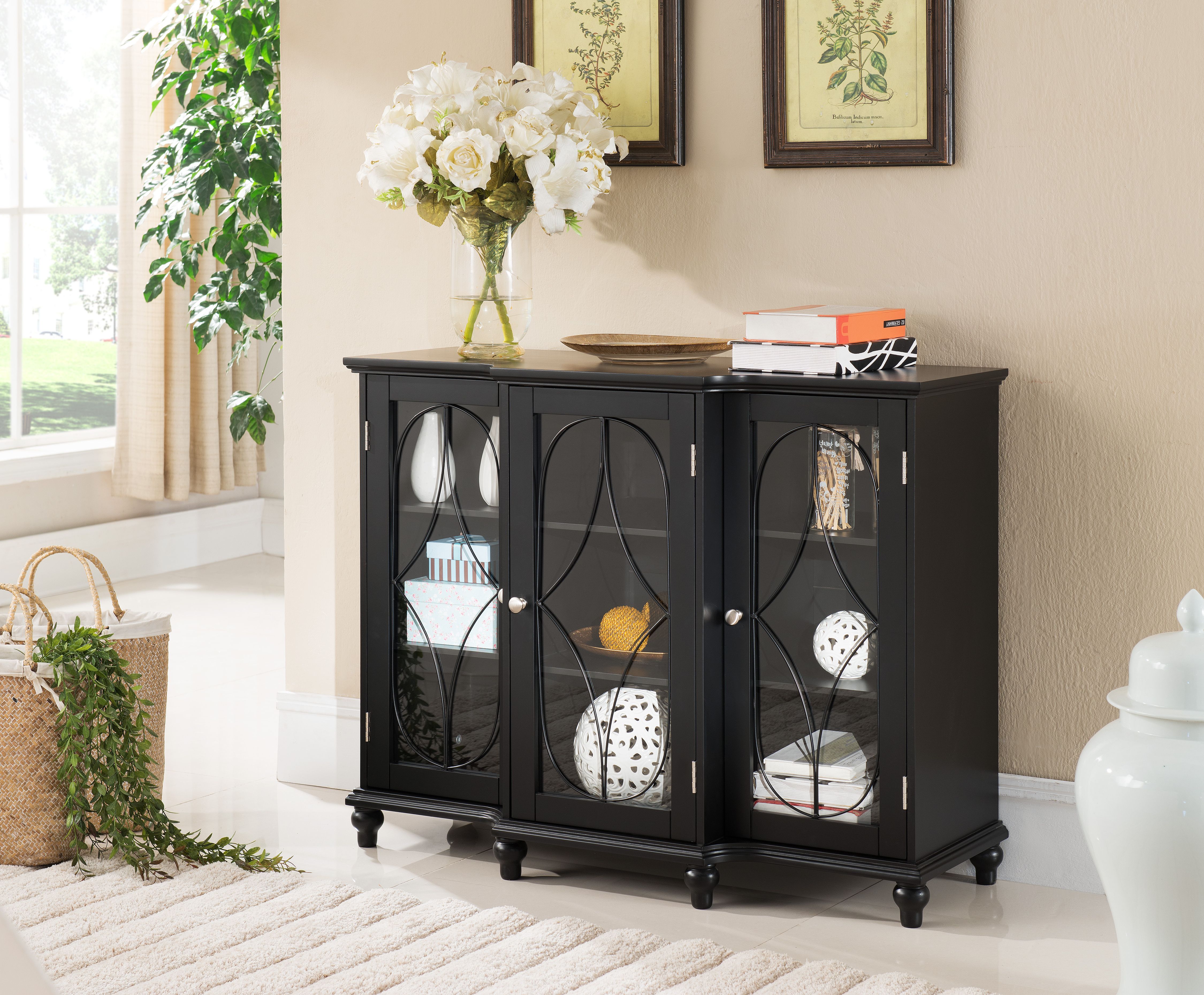 Logan Black Wood Contemporary Sideboard Buffet Console Table China Cabinet  With Glass Doors & Storage Within Modern And Contemporary Dark Brown Buffets With Glass Doors (View 9 of 20)