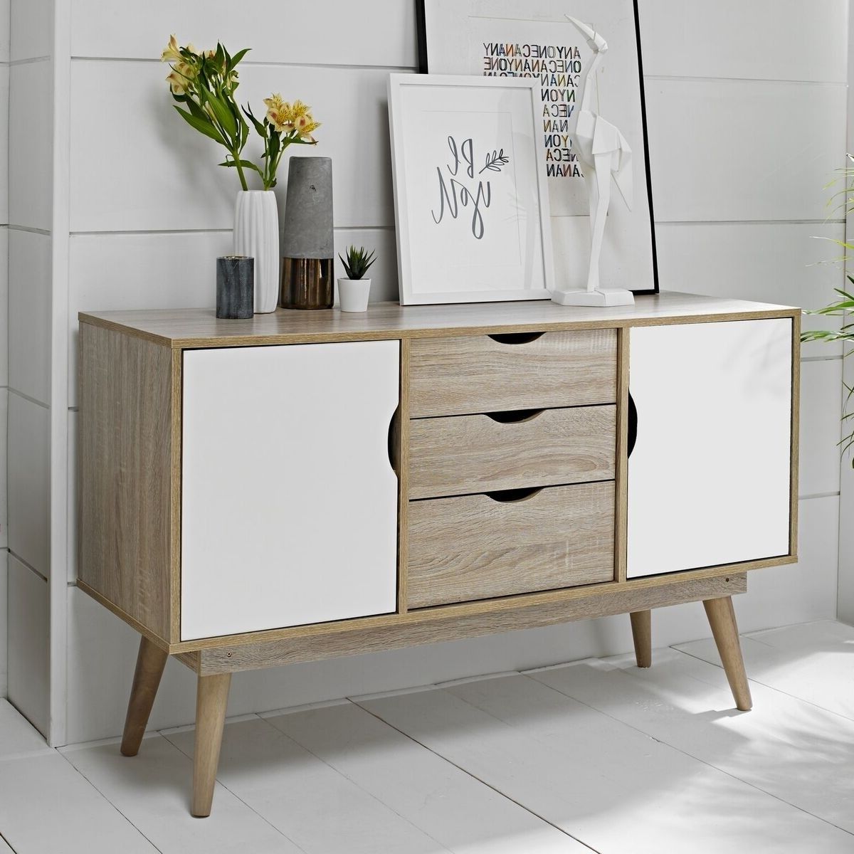 Lpd Scandi 2 Door 3 Drawer Oak Sideboard – White Or Grey With White And Grey Sideboards (View 12 of 20)