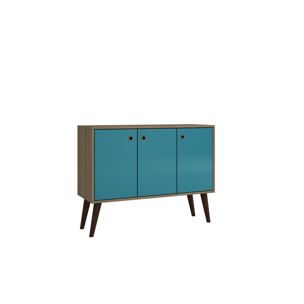 Manhattan Comfort Bromma 35.43 In. Oak And Aqua Buffet Stand With 3 Shelves  And 3 Doors In Mid Century Retro Modern Oak And Espresso Wood Buffets (Gallery 19 of 20)