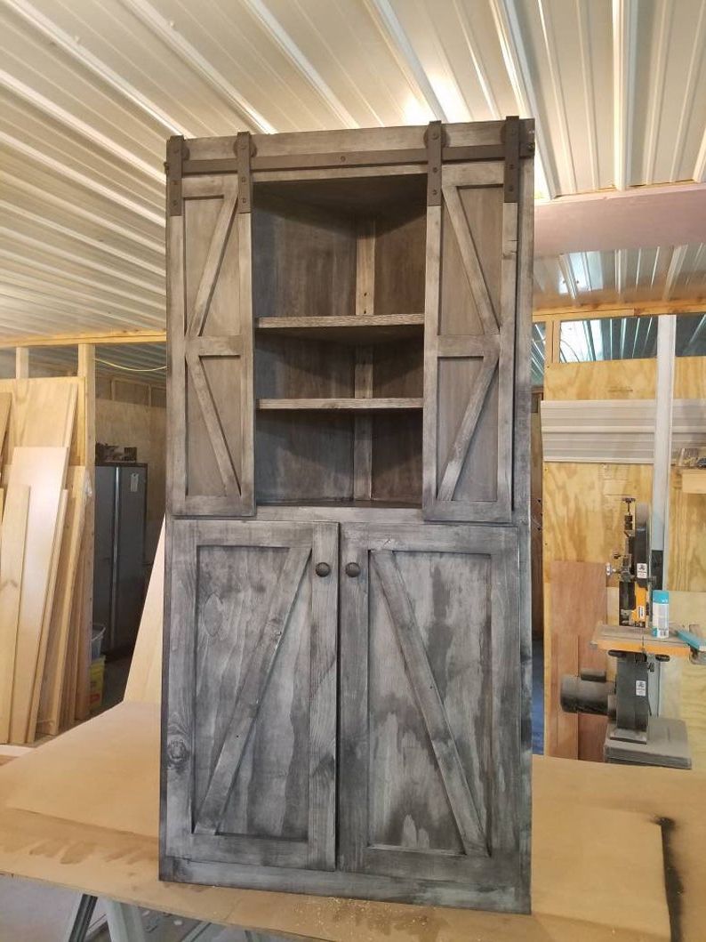 Modern Rustic Gray Farmhouse Harvest Corner Buffet Hutch Shelf Cabinet With  Barn Doors. Cottage Style. With Regard To 3 Shelf Corner Buffets (Gallery 10 of 20)