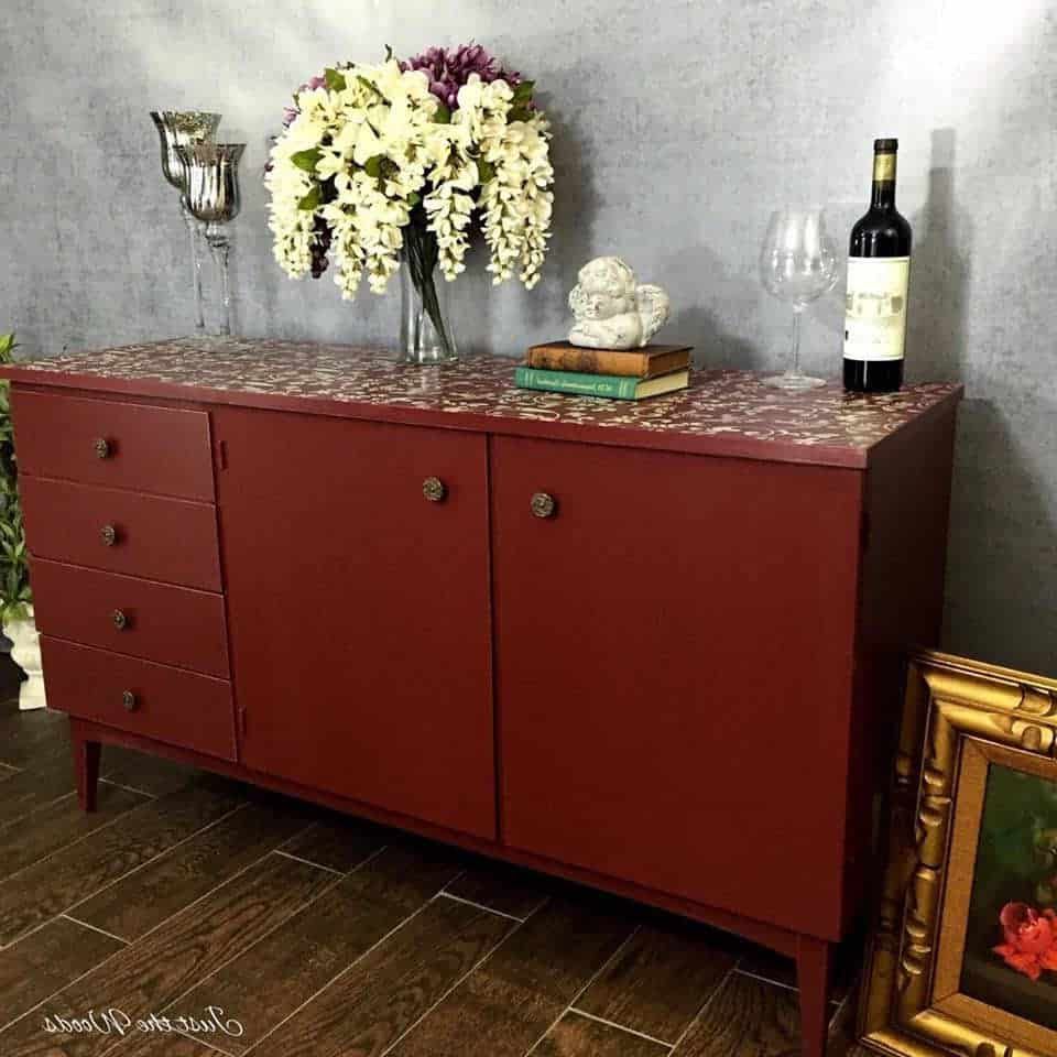 Painted Cranberry Credenza With Floral Stencil Top With Regard To Lovely Floral Credenzas (View 13 of 20)