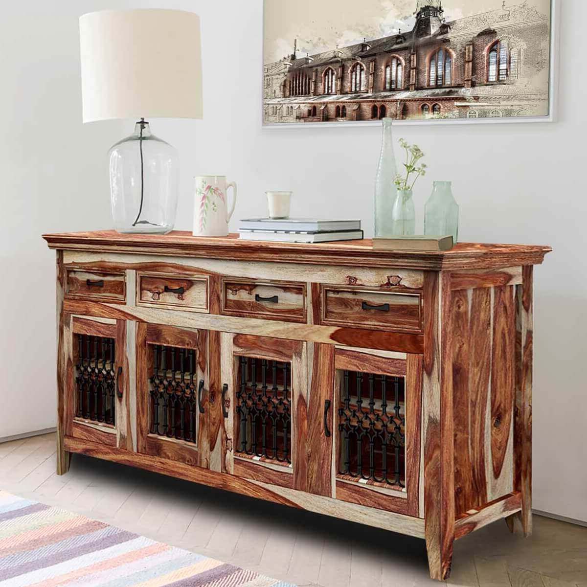 Peoria Modern Rustic Solid Wood 4 Door 4 Drawer Large Buffet Cabinet With Regard To Solid Wood Contemporary Sideboards Buffets (View 8 of 20)