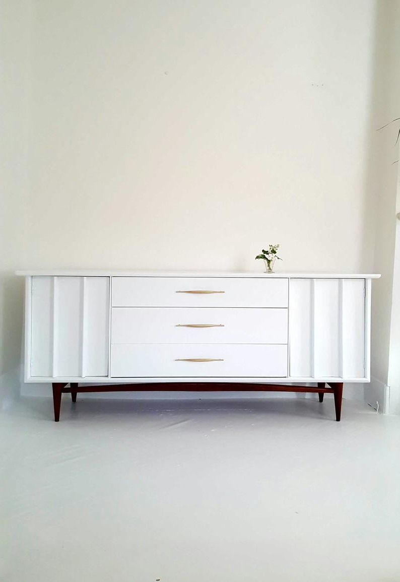 Sold#lovely Mid Century Dresser Credenza, White, Gold, Wood Painted Vintage  Dresser, Danish Modern, Atomic, Kent Coffey Intended For Pale Pink Agate Wood Credenzas (View 11 of 20)