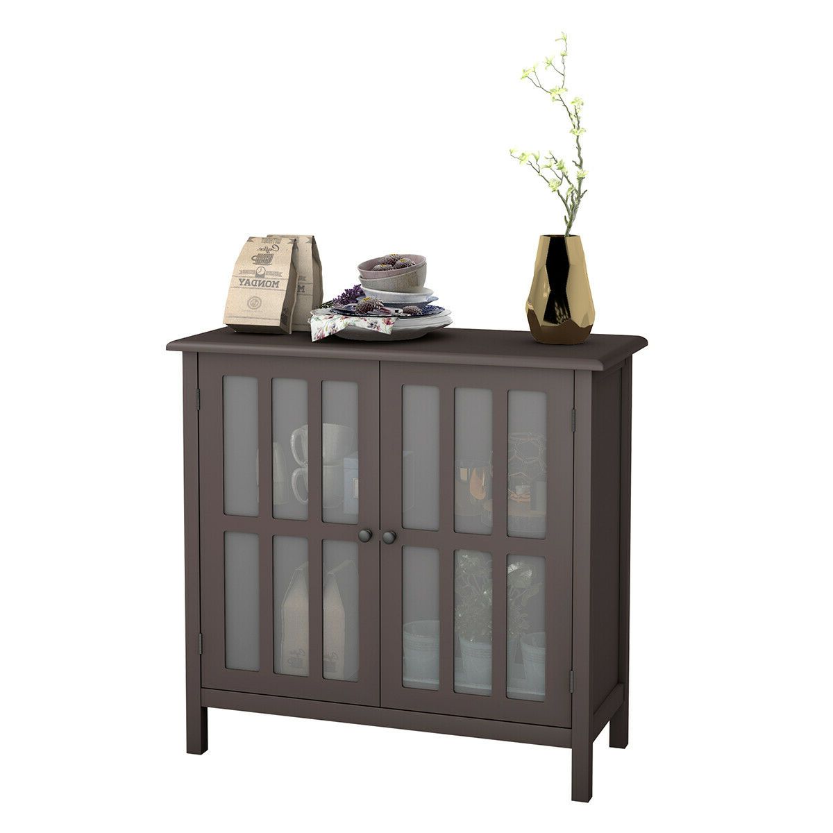 Storage Buffet Cabinet Glass Door Sideboard Console Table Server Display  Brown Regarding Modern And Contemporary Dark Brown Buffets With Glass Doors (View 17 of 20)