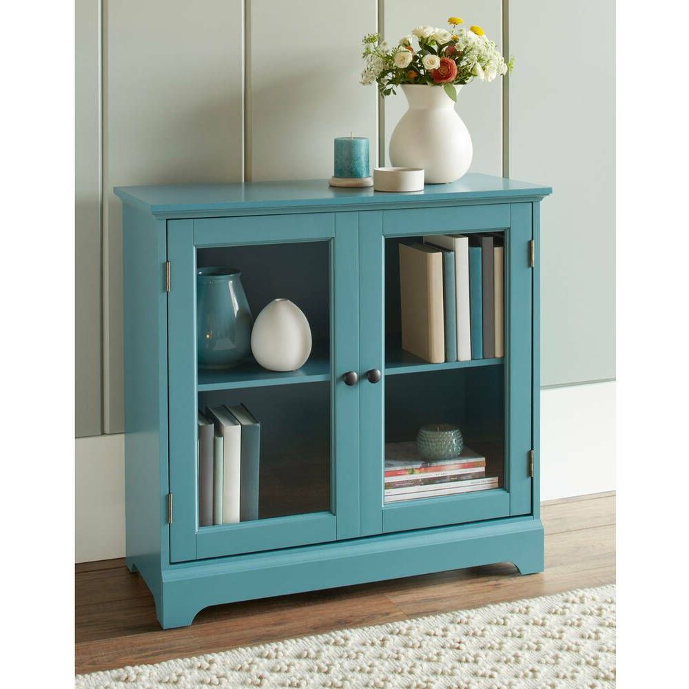 Teal Wood Glass Door Buffet Sideboard China Storage Cabinet Pertaining To Wooden Curio Buffets With Two Glass Doors (View 13 of 20)