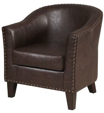 36.87" W Faux Leather Barrel Chair Fabric: Dark Brown Faux Leather Intended For Coomer Faux Leather Barrel Chairs (Gallery 7 of 20)