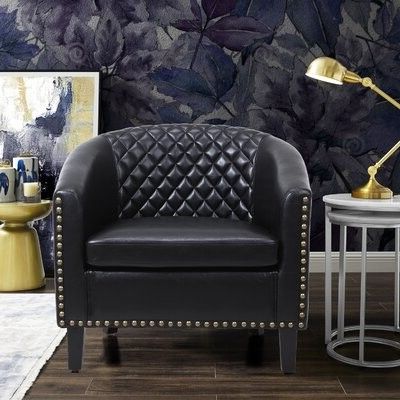 Alexeus 29.1" W Tufted Faux Leather Barrel Chair Fabric: Black Faux Leather Regarding Artressia Barrel Chairs (Gallery 17 of 20)