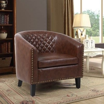 Armonta 29.13" W Faux Leather Barrel Chair Fabric: Brown For Gilad Faux Leather Barrel Chairs (Gallery 3 of 20)