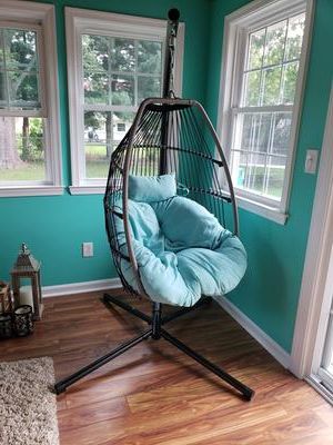Barton Premium Hanging Egg Swing Chair Uv Resistant Fluffy Cushion Patio  Seating, Blue Throughout Renay Papasan Chairs (View 15 of 20)