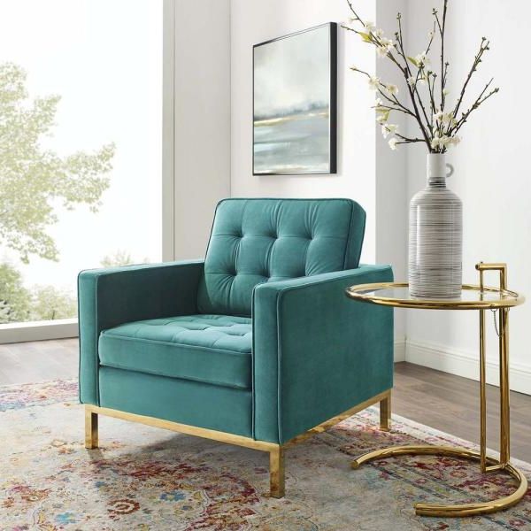 Modway Loft Gold Teal Stainless Steel Performance Velvet Pertaining To Live It Cozy Armchairs (View 13 of 20)