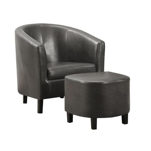 Monarch Specialties Set Of 2 Modern Charcoal Faux Leather Within Faux Leather Barrel Chair And Ottoman Sets (View 15 of 20)