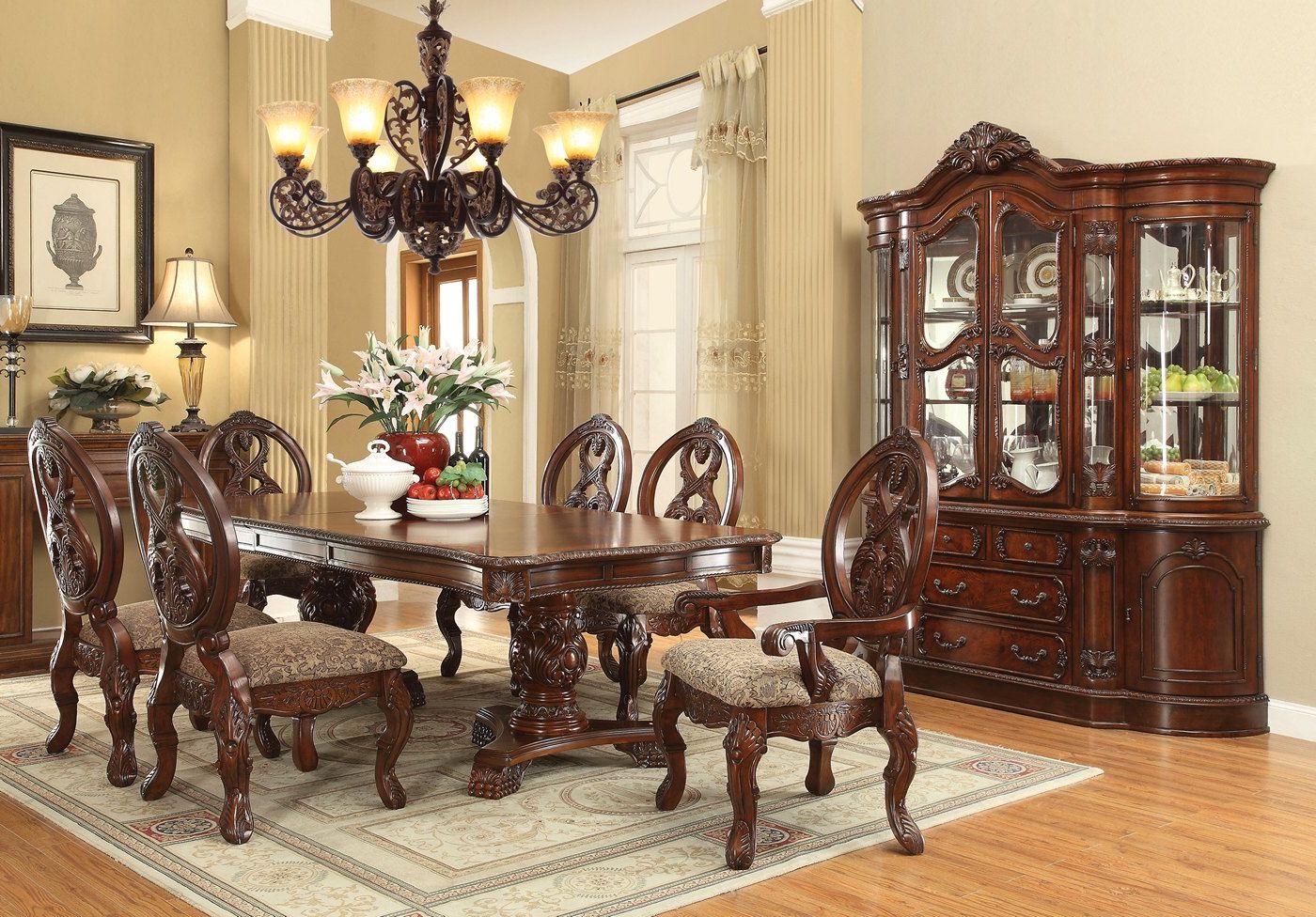 Dawna Pedestal Dining Tables Inside Current Emiliano Traditional 5 Pc Cherry 80" 120" Double Pedestal (View 11 of 20)